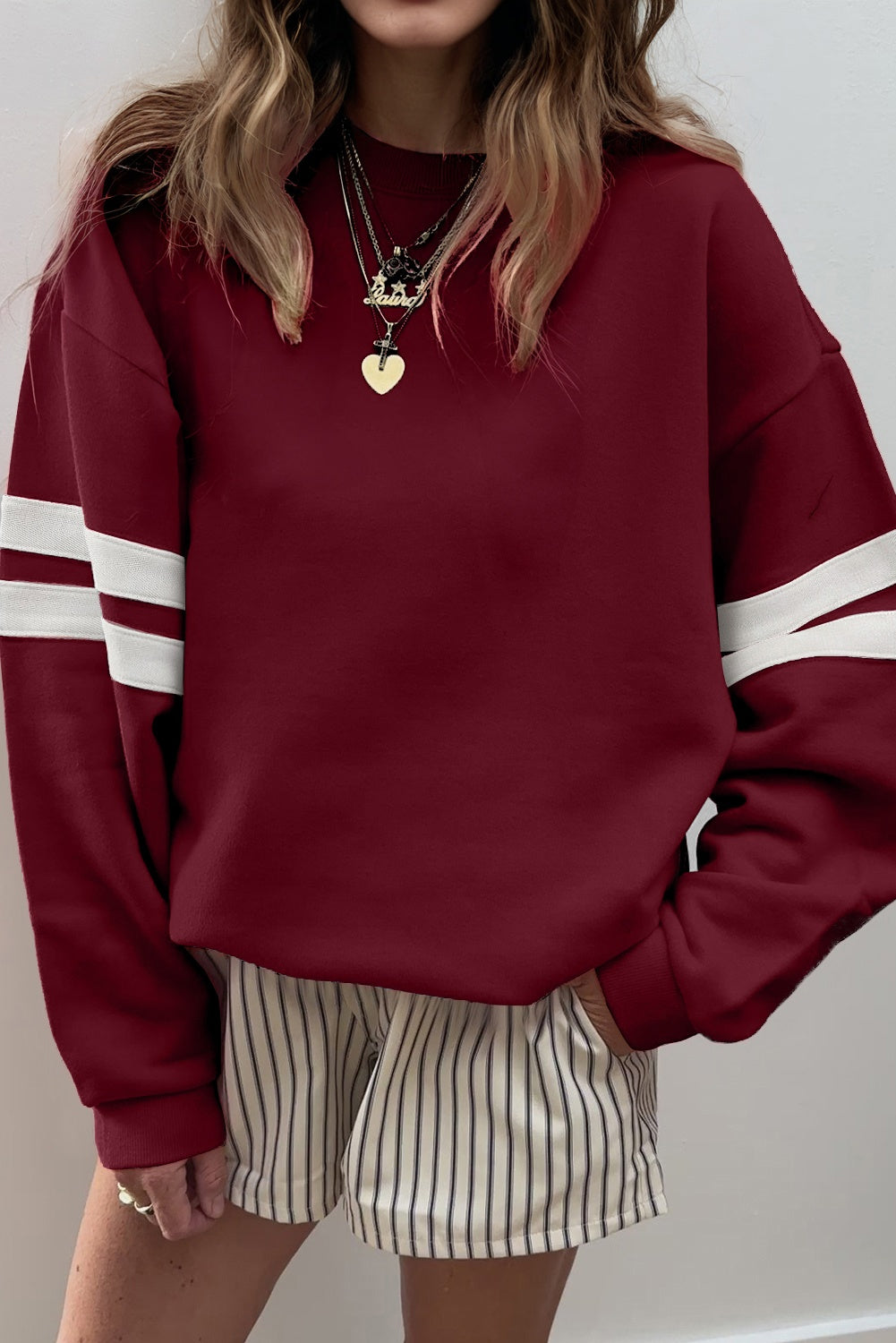 Fiery Red Varsity Striped Detail Drop Shoulder Oversized Sweatshirt