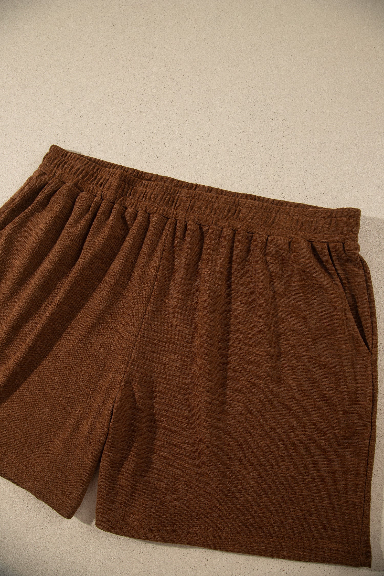 Chestnut Drop Shoulder Long Sleeve Top Elastic Waist Shorts Plus Size Set