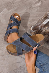 Coffee Contrast Stitch Crossed Band Retro Platform Slippers