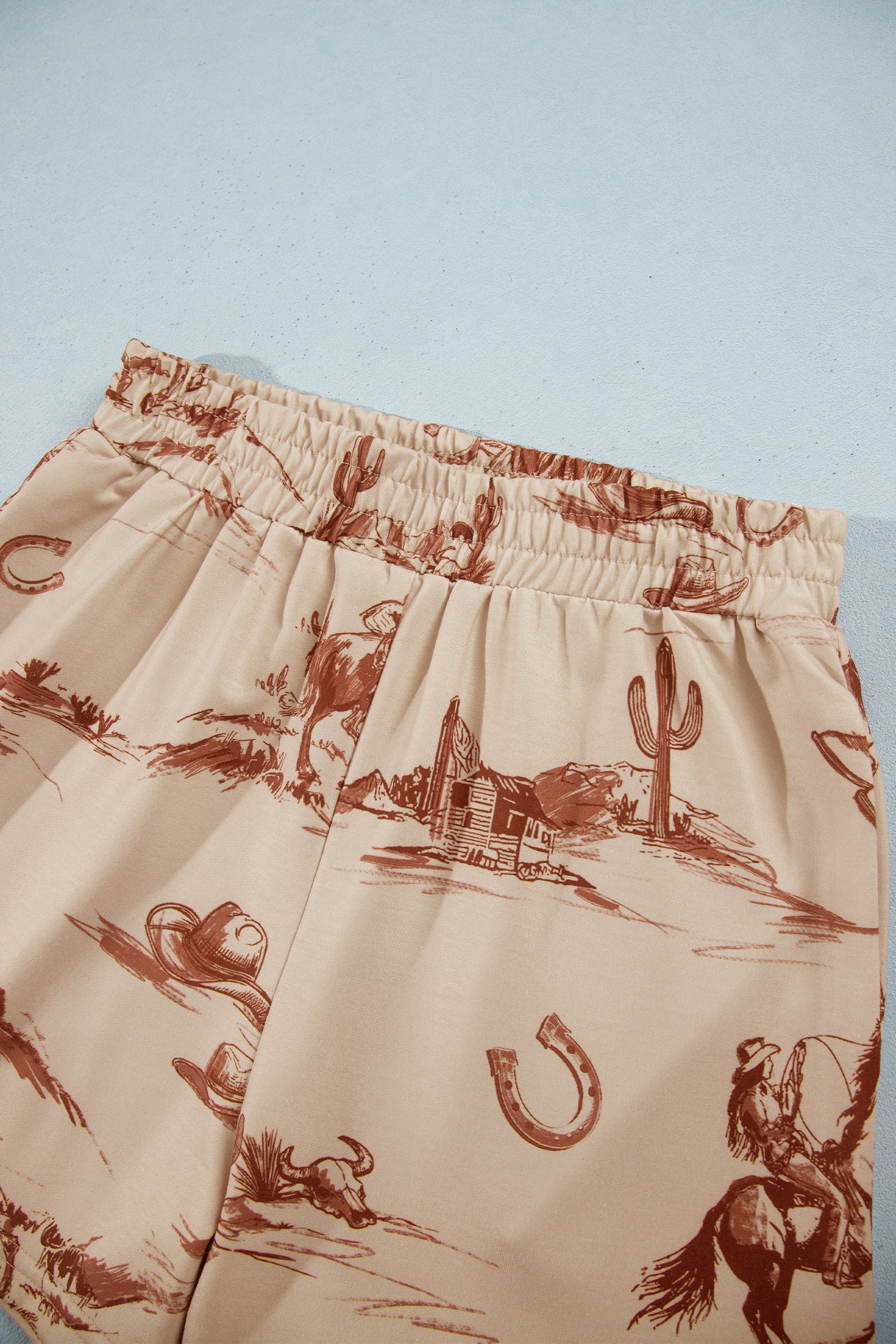 Beige Western Print Loose Fit Long Sleeve Top Short Set
