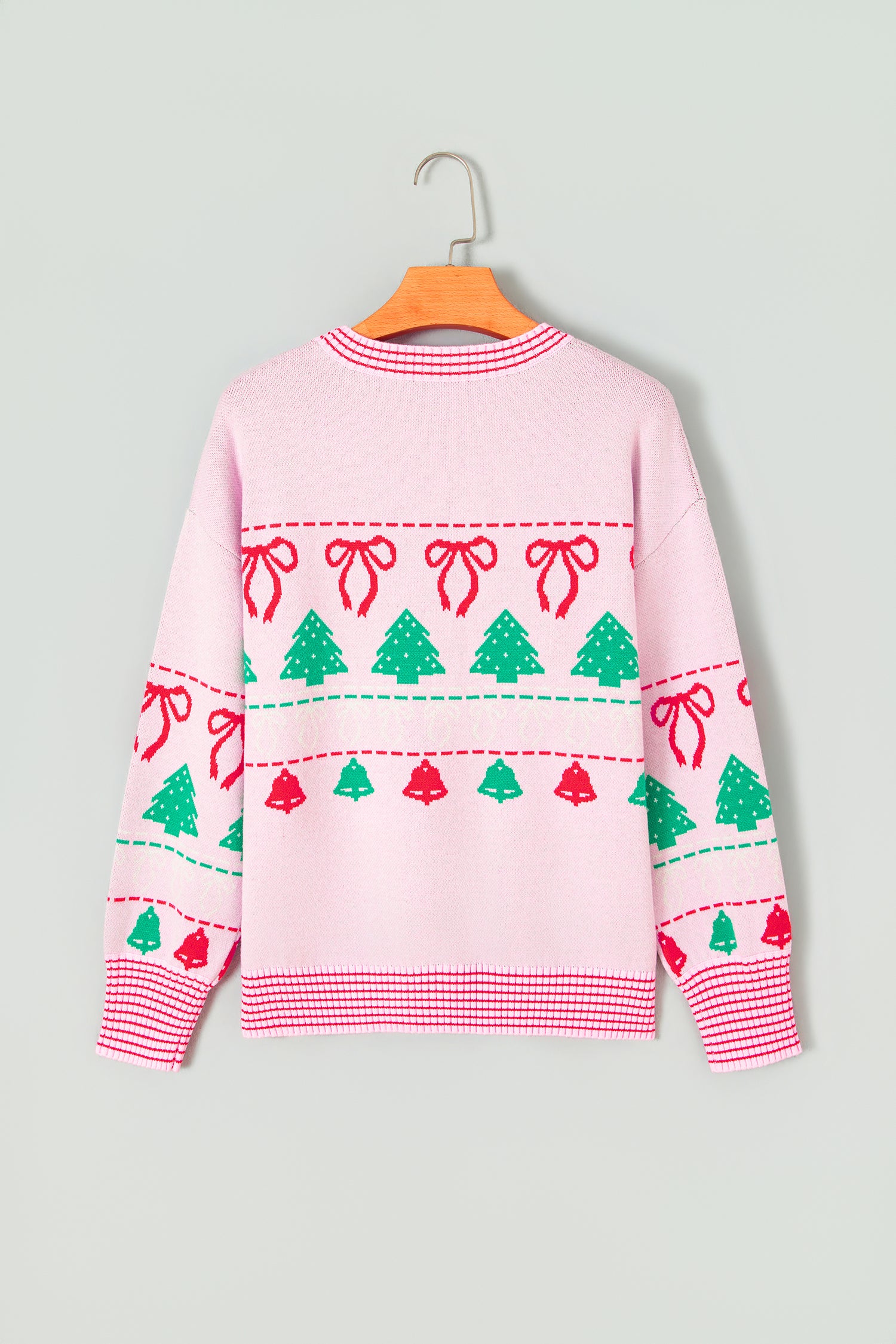 Pink Festive Holiday Print Round Neck Loose Tunic Sweater