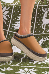 Coffee Faux Suede Woven Trim Plush Lining Platform Slippers