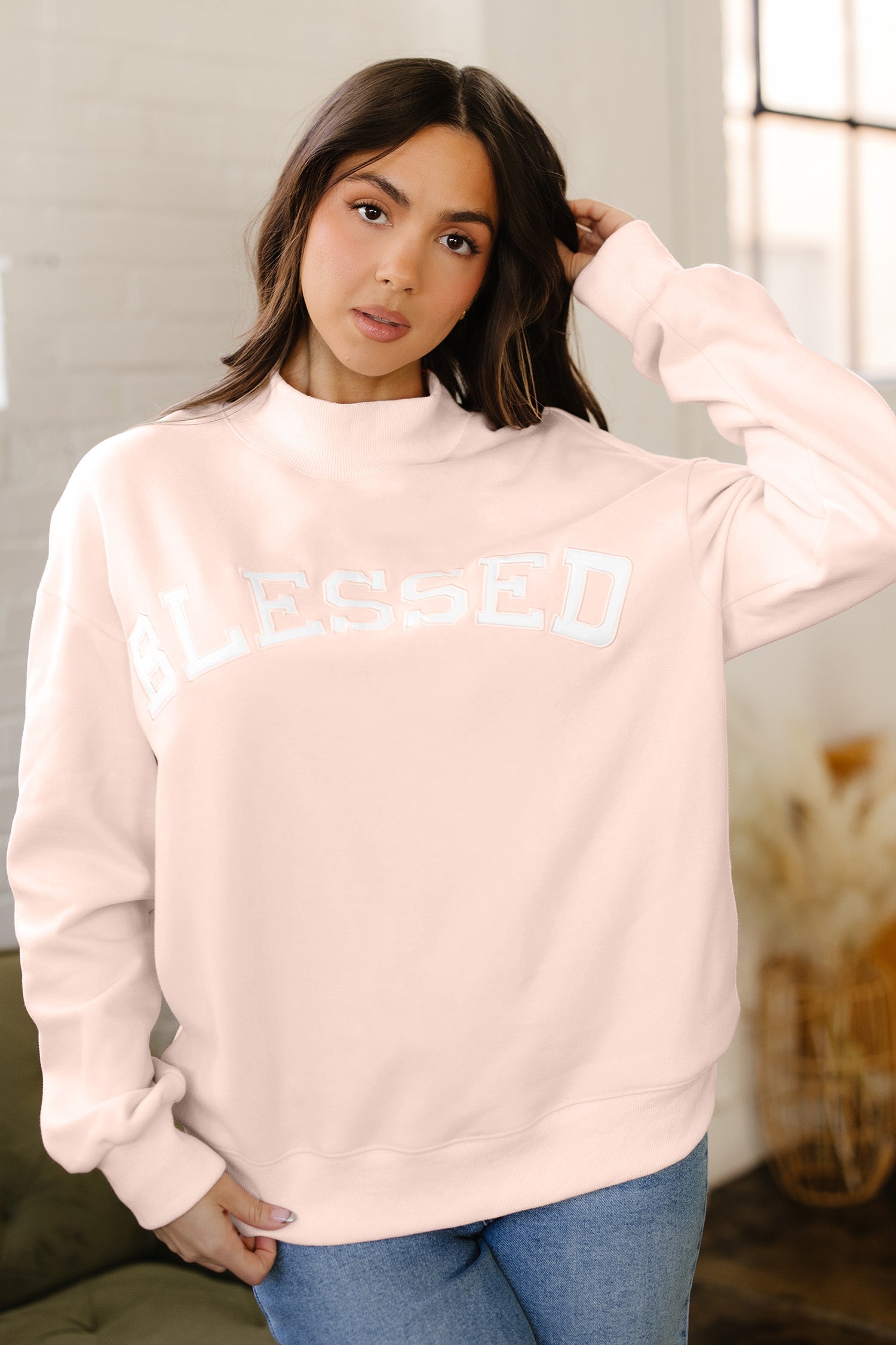 Light Pink Oversize Blessed Embroidered Mock Neck Sweatshirt