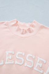 Light Pink BLESSED Embroidered Trim Patch Graphic Plus Size Mock Neck Sweatshirt
