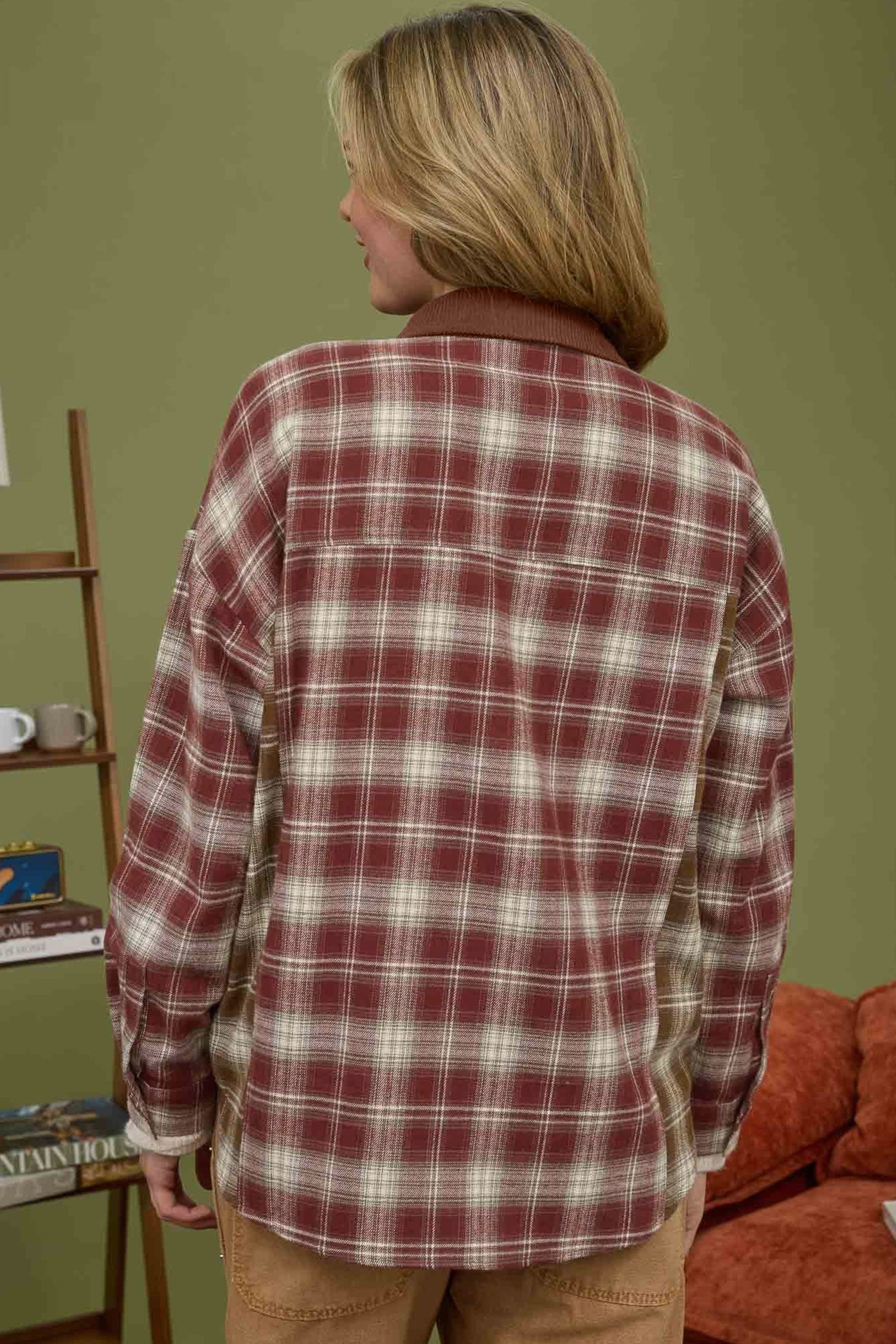 Red Contrast Plaid Long Sleeve Button Down Shacket