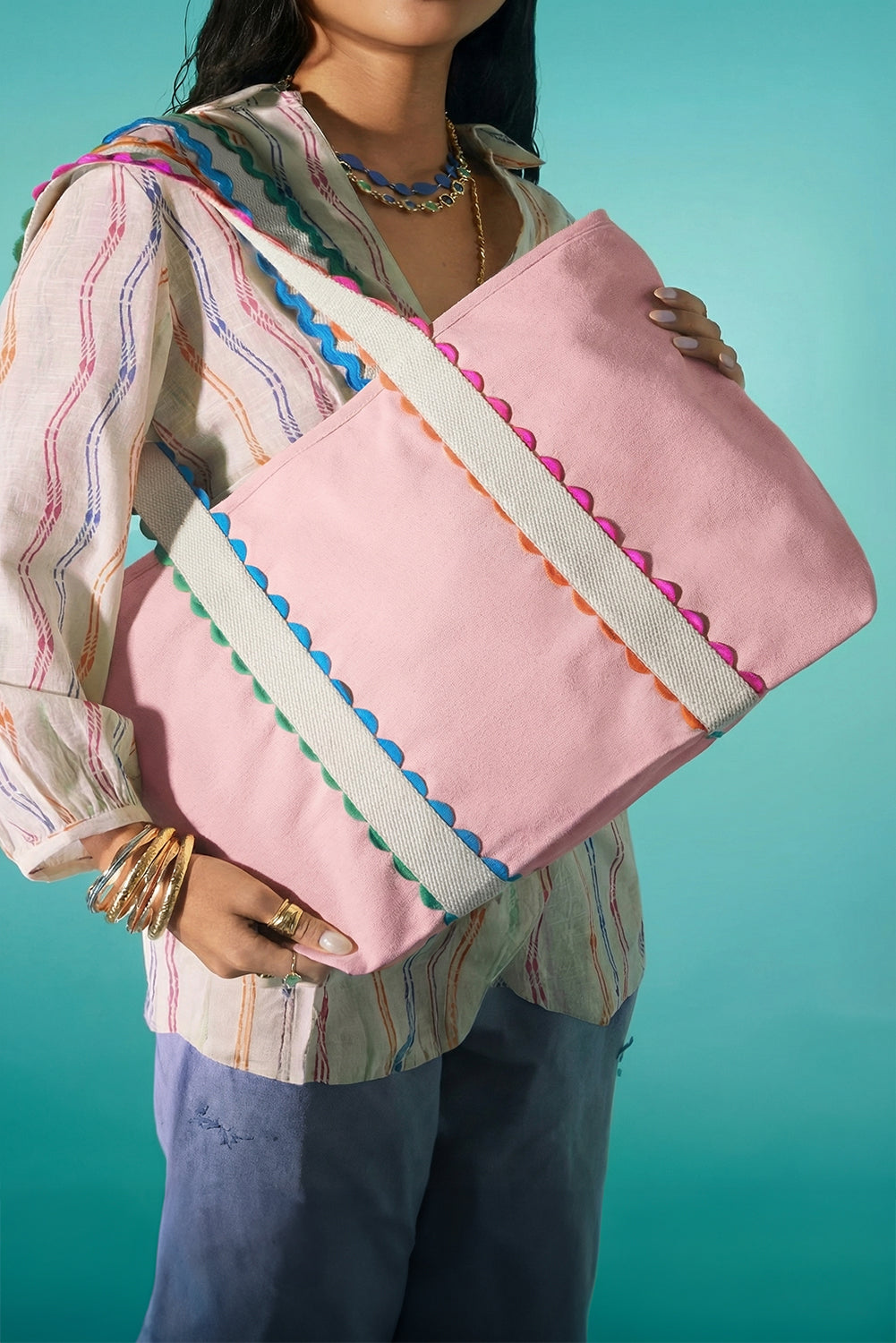 White Colorful Ricrac Detail Canvas Tote Bag