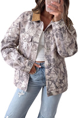Gray Abstract Camo Print Colorblock Collar Oversized Shift Silhouette Denim Jacket