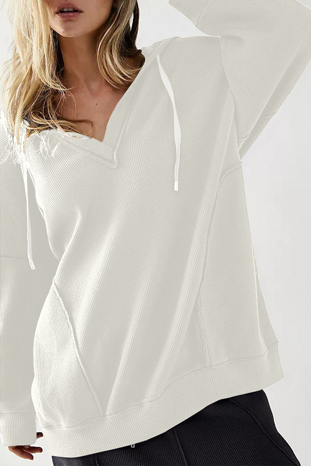 White Oversize Waffle Drop Shoulder Exposed Seam V Neck Hoodie