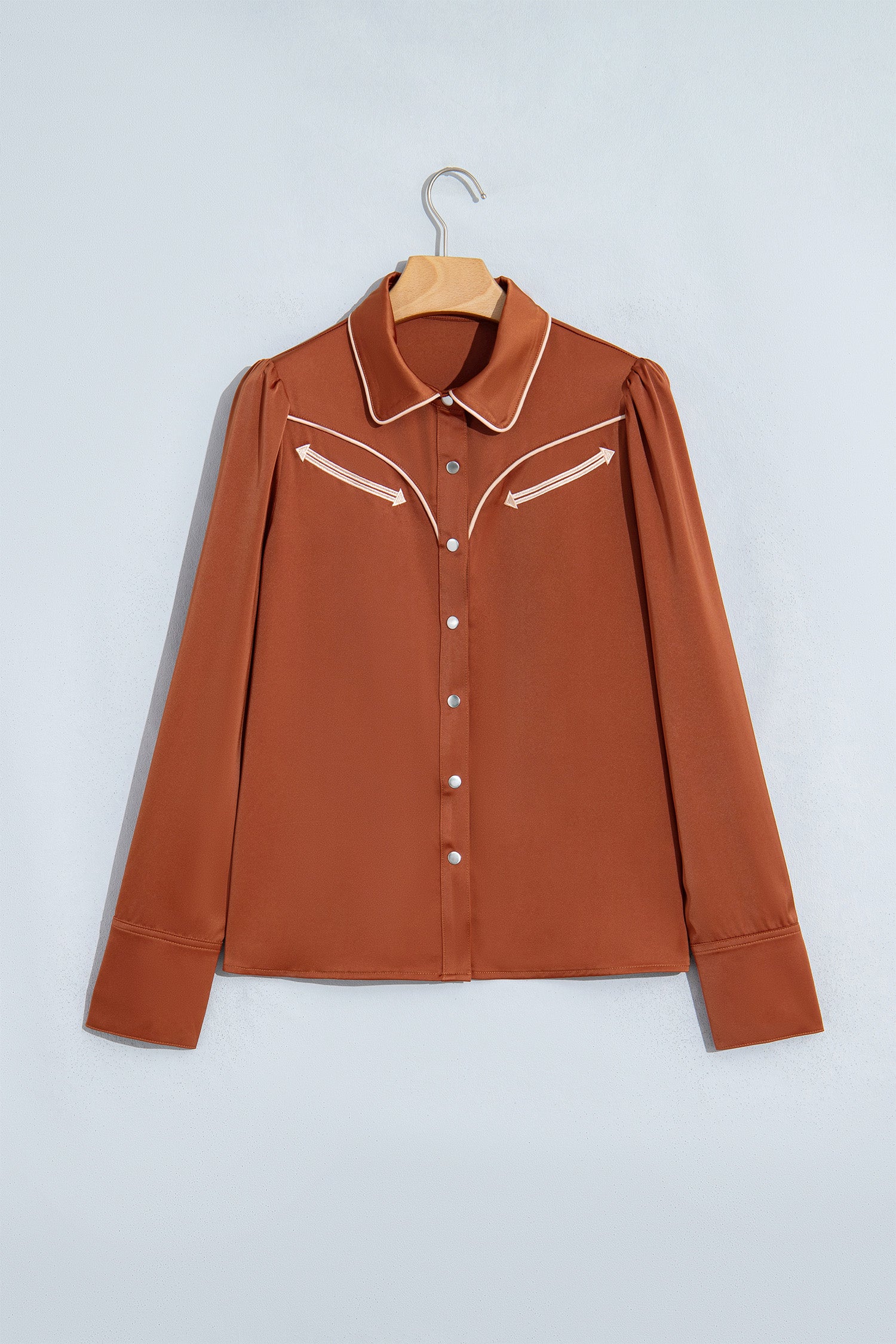 Cinnamon Silky Long Sleeve Button Front Western Fashion Shirt