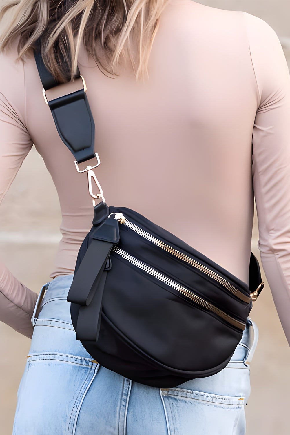 Light Blue Wide Strap Double Zipper Crossbody Bag