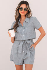 Blue Stripe Chest Pockets Buttoned Belted High Waist Romper