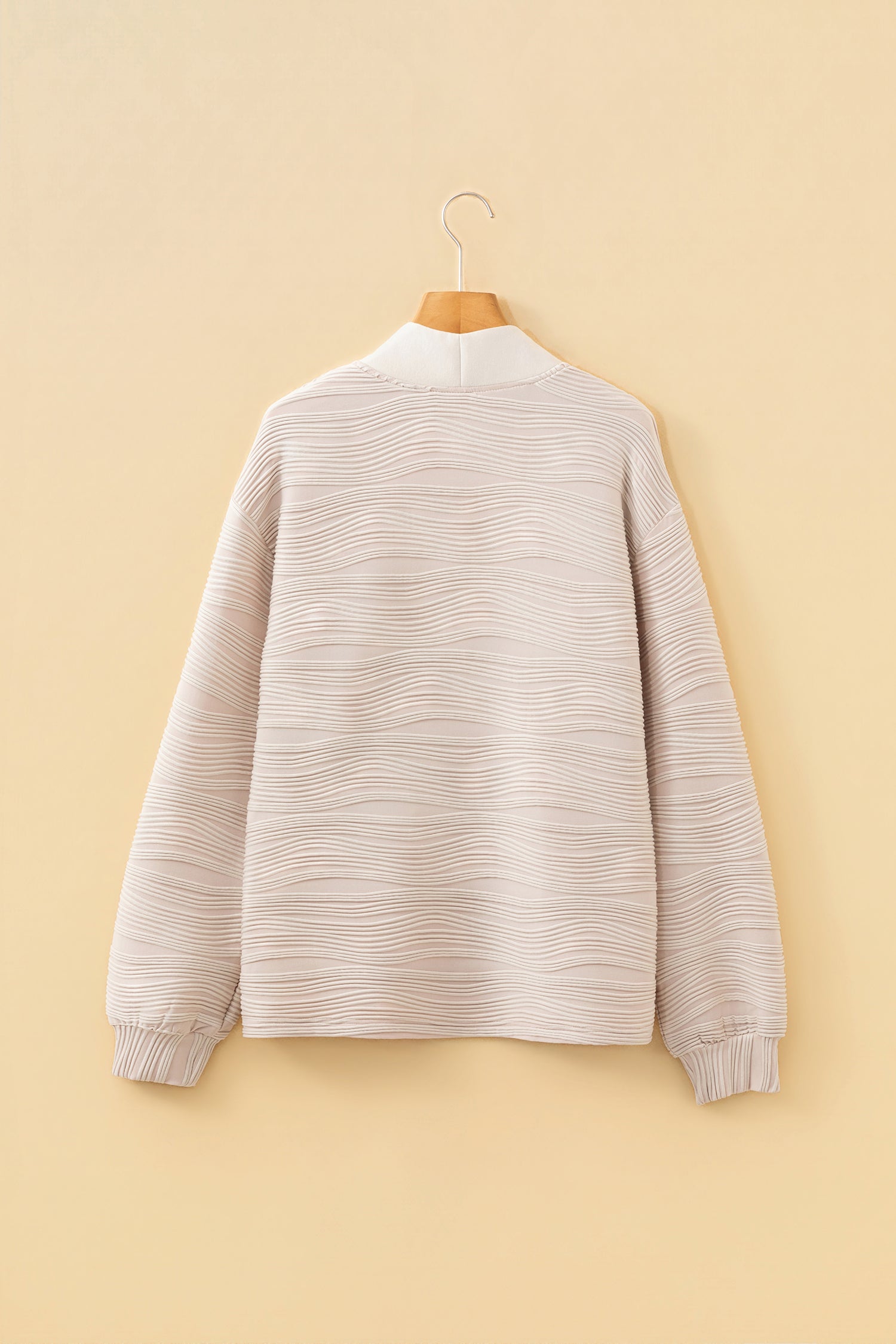 Parchment Solid Color Zipper V Neck Pullover Sweatshirt