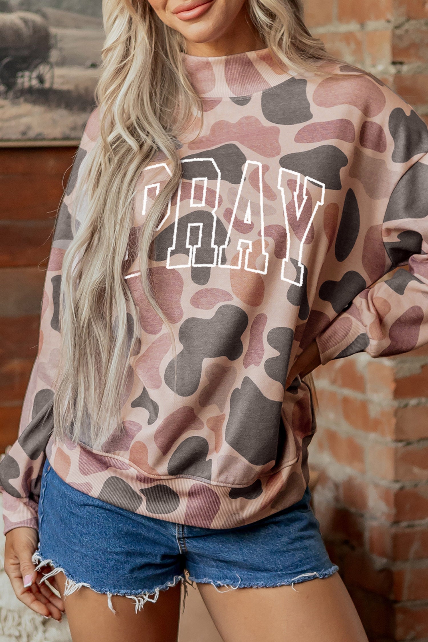 Multicolour Embroidered Slogan Camo Pullover Sweatshirt