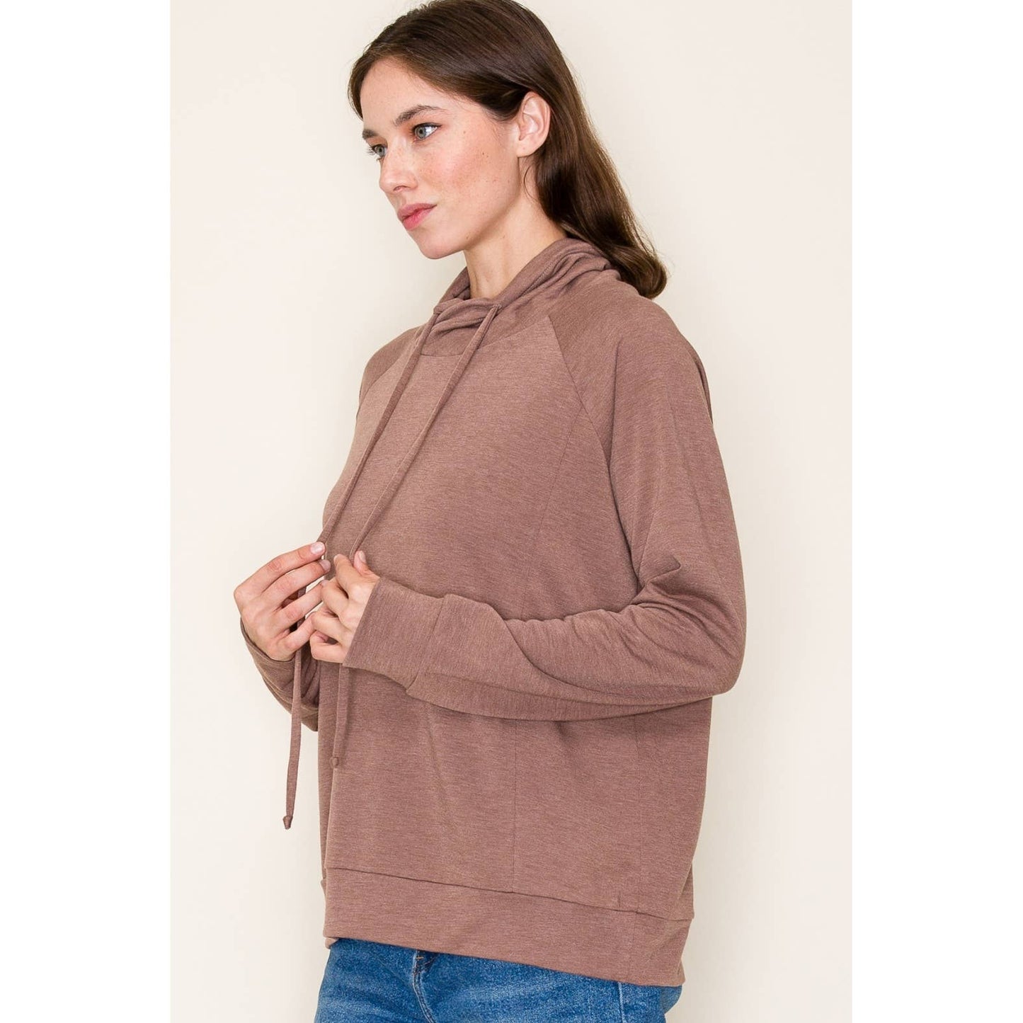 DRAWSTRING COWL NECK LONG SLEEVE FRENCH TERRY TOP