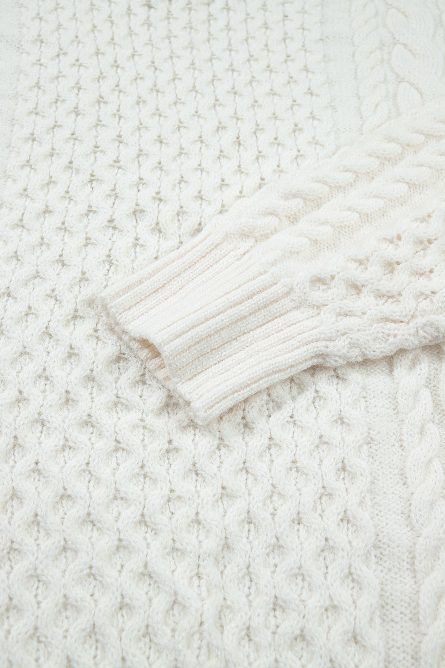 Beige Solid Color Cable Detail Knit Loose Round Neck Sweater