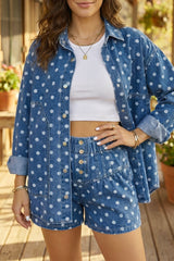 Blue Polka Dot Long Sleeve Collar Shift Tunic Denim Jacket