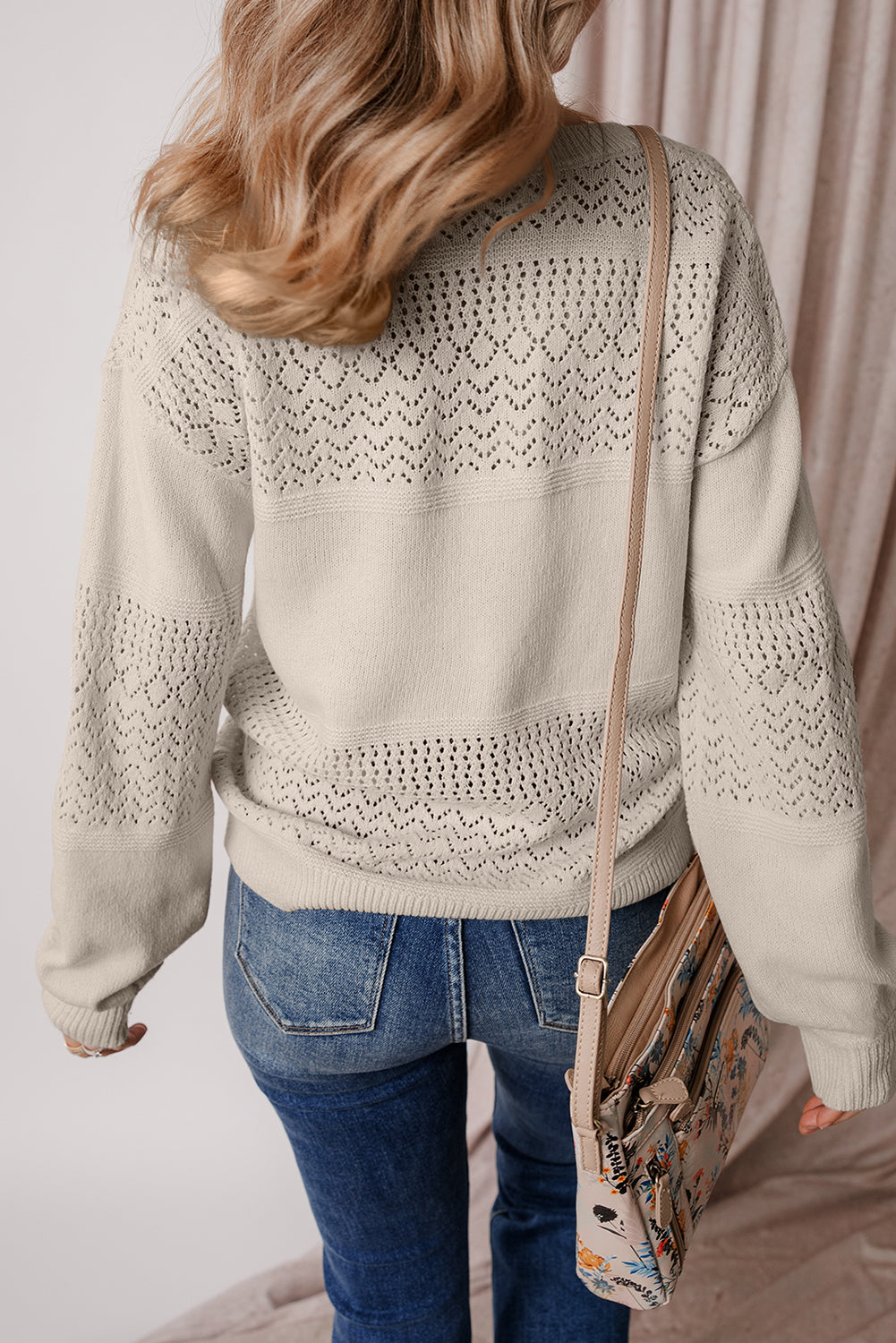 Sky Blue Eyelet Pattern Detail V Neck Drop Shoulder Sweater