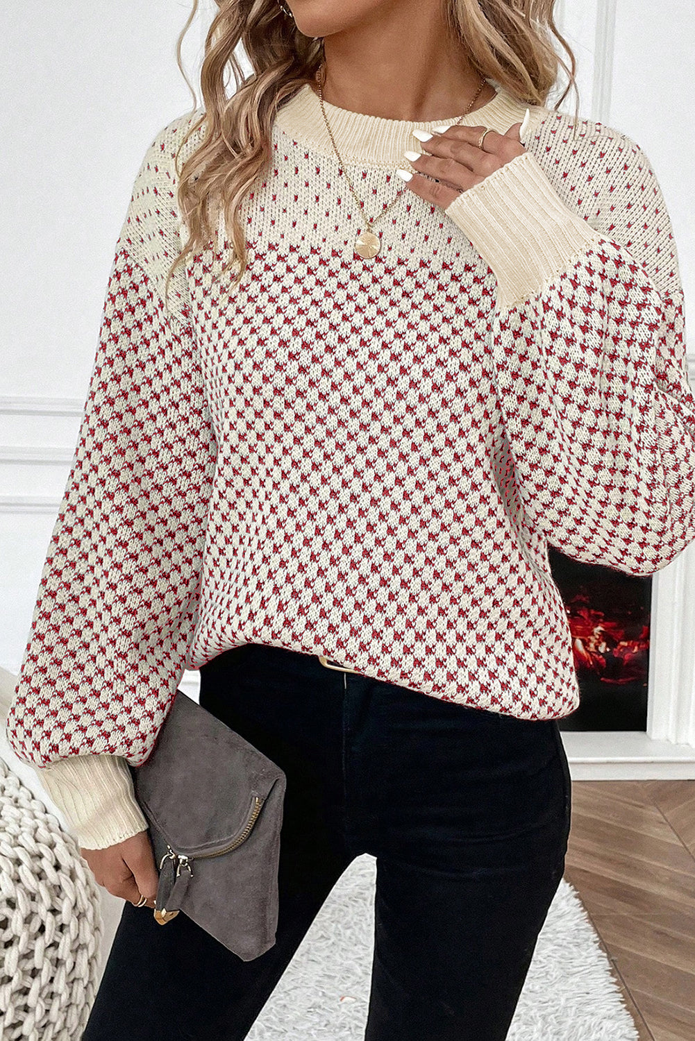 Black Contrast Color Pattern Lantern Sleeve Sweater