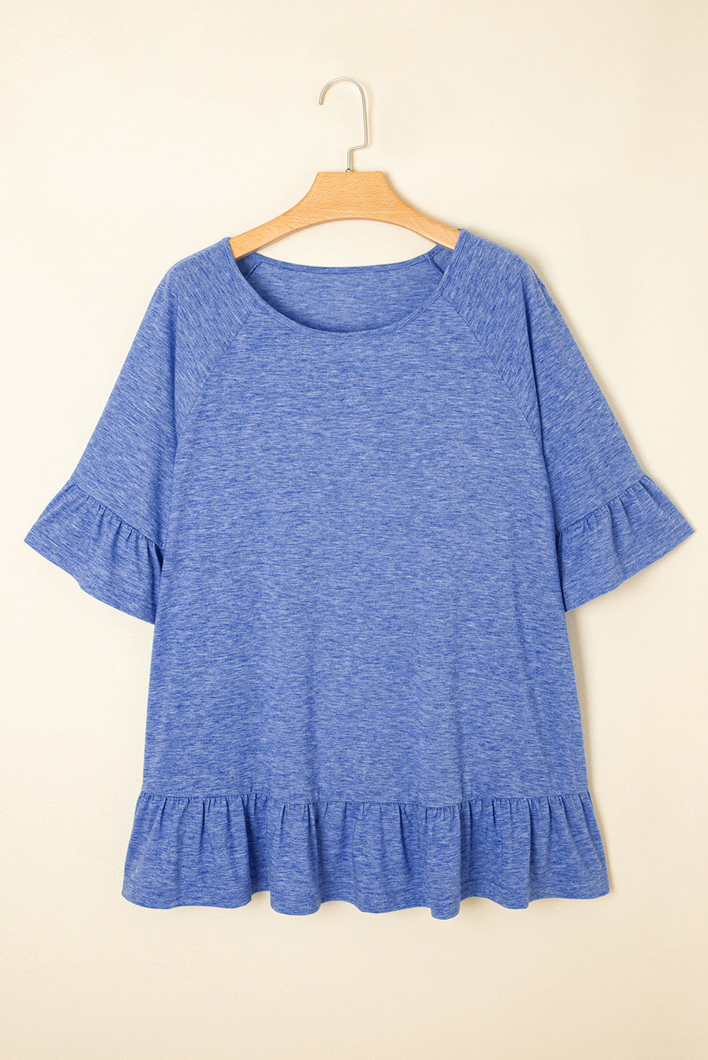 Light Blue Ruffled Short Sleeve Plus Size Casual Blouse