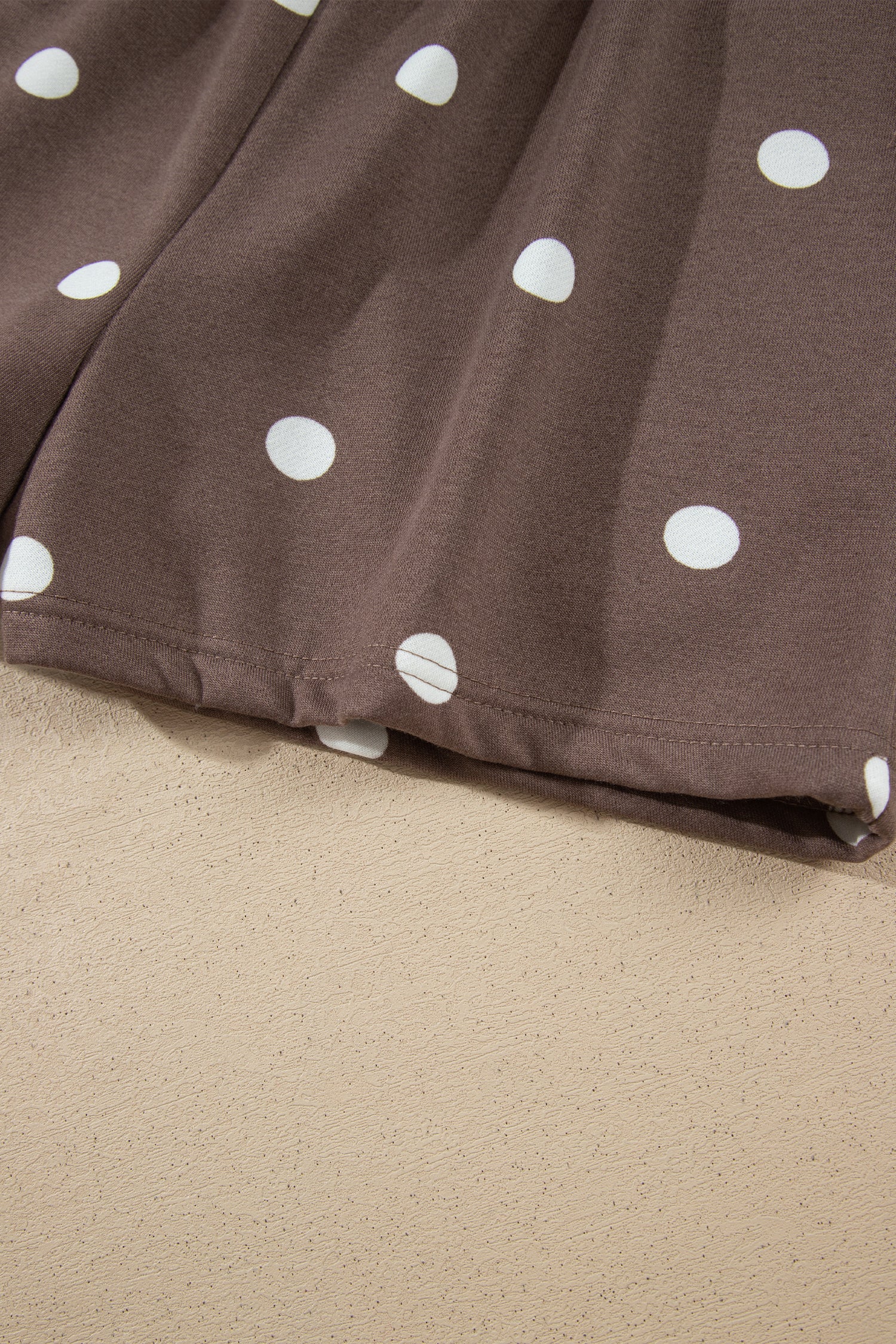 Brown Polka Dot Ribbed Trim Long Sleeve Top Casual Short Set