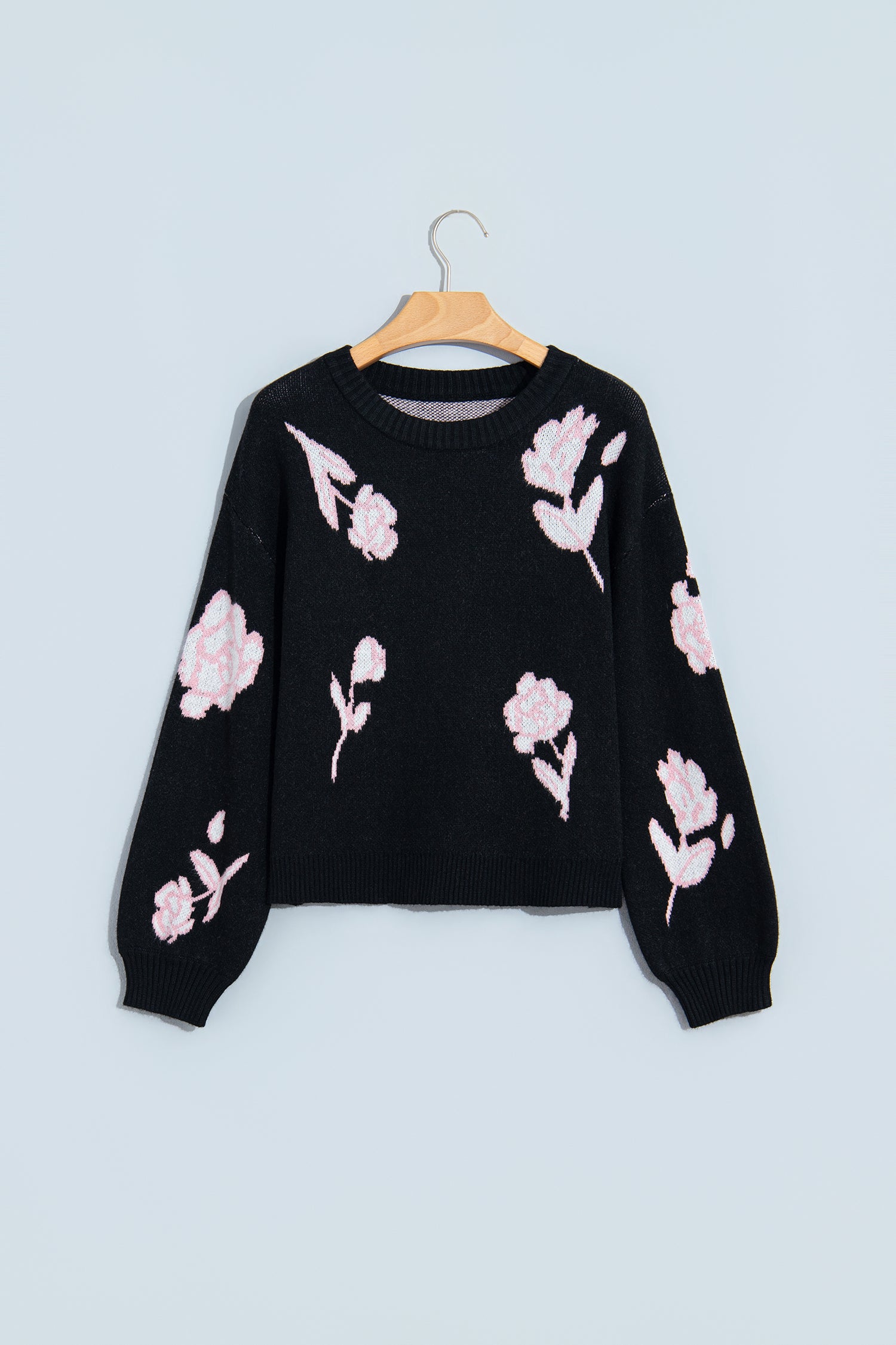 Black Floral Pattern Puff Sleeve Dropped Shoulder Pullover Sweater
