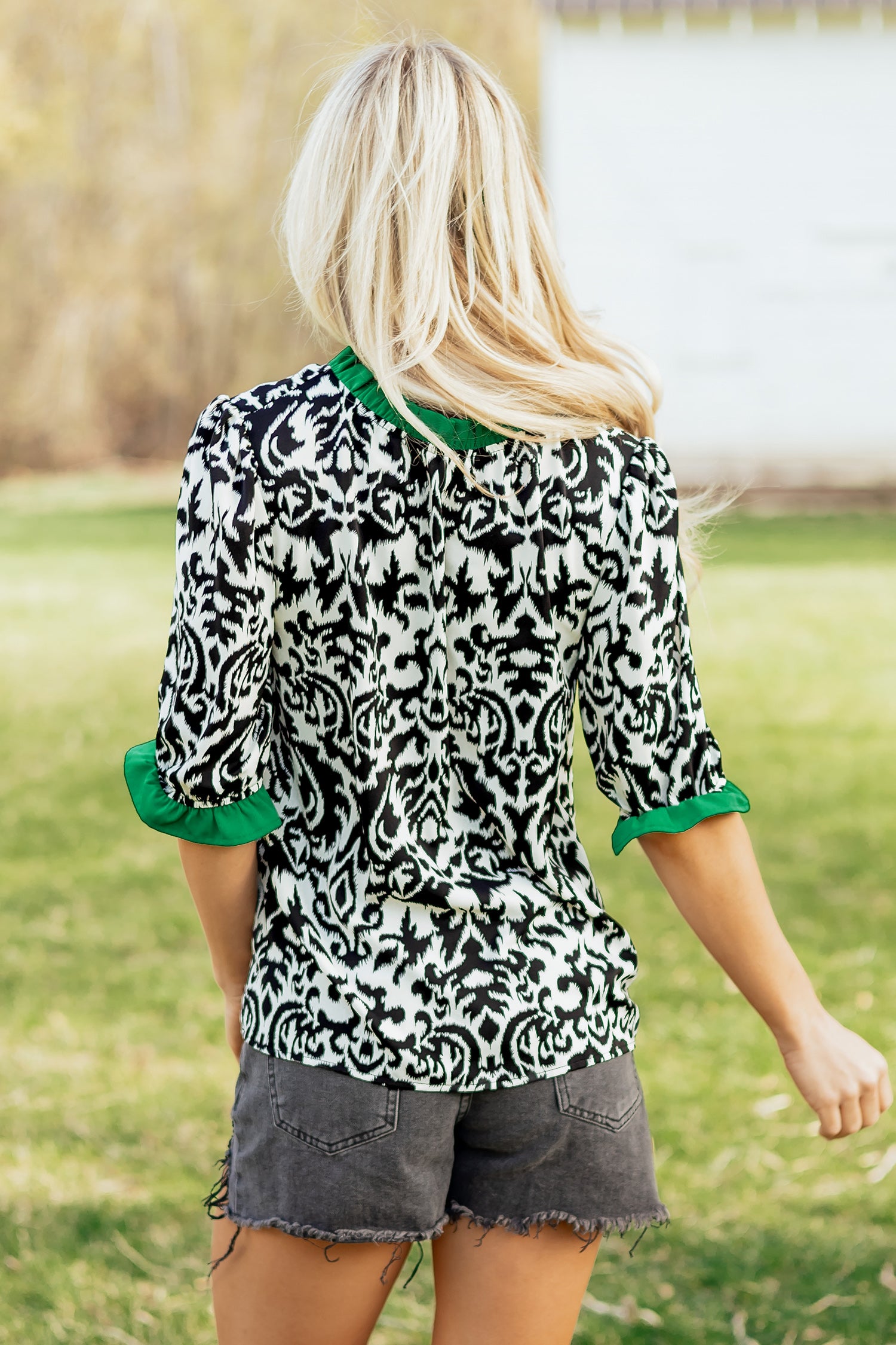 Green Damask Print Ruffled Color Block Detail Half Sleeve Blouse