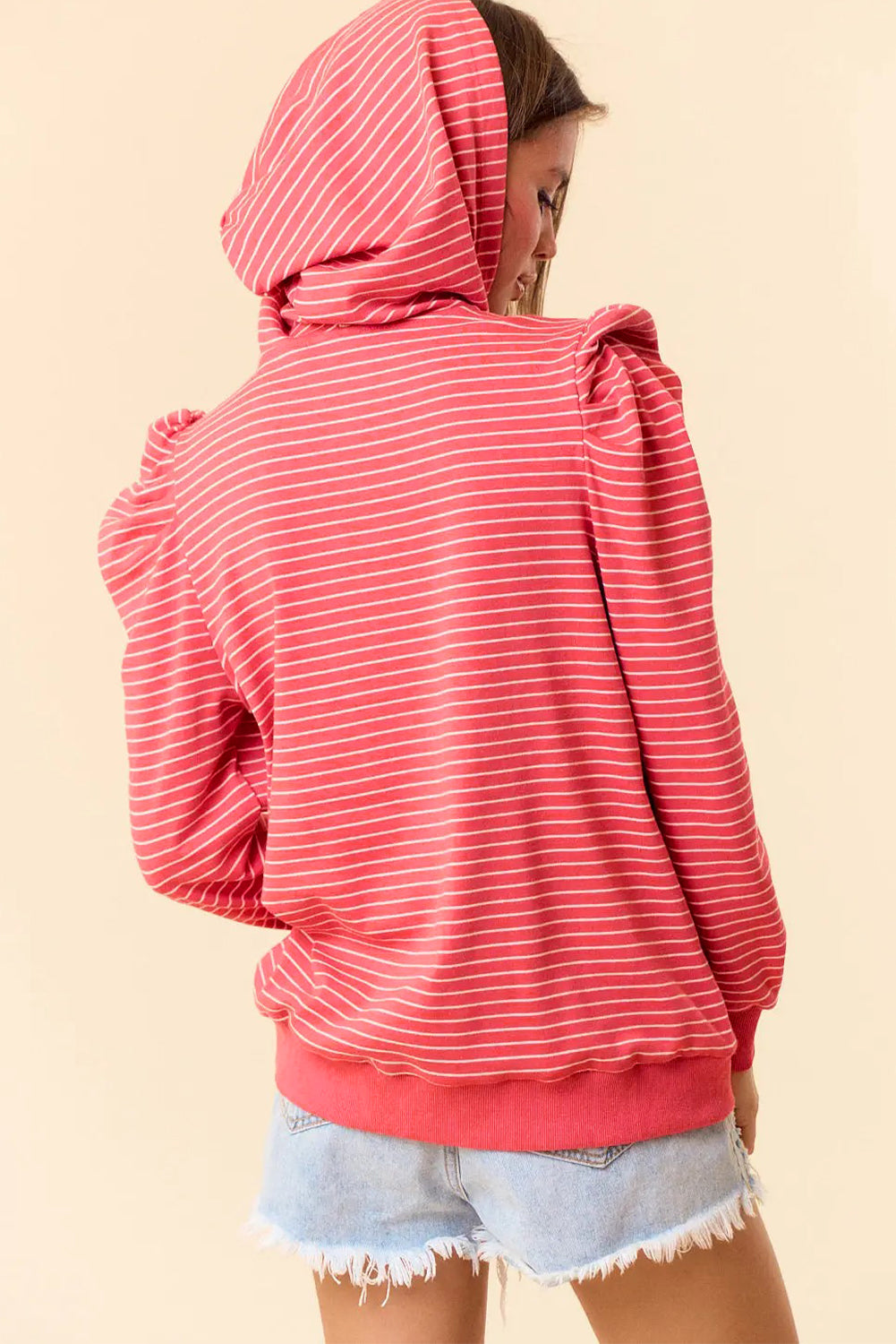 Red Striped Puff Sleeve Drawstring Hoodie