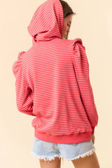 Red Striped Puff Sleeve Drawstring Hoodie