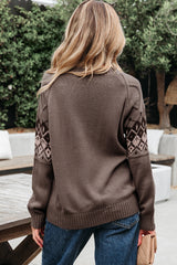 Light French Beige Western Geometric Patterned Crew Neck Knitted Sweater