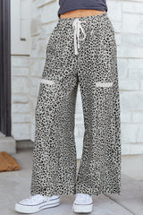 Khaki Animal Print Wide Leg Terry Knit Pants