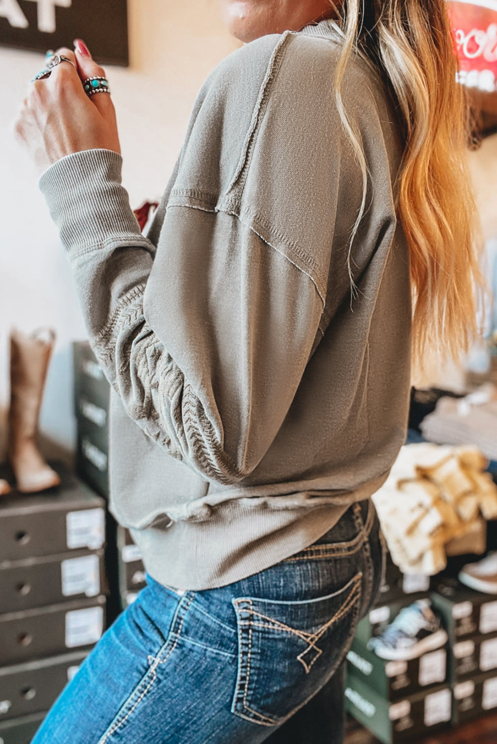 Parchment Geometric Embroidered V Neck Sweatshirt