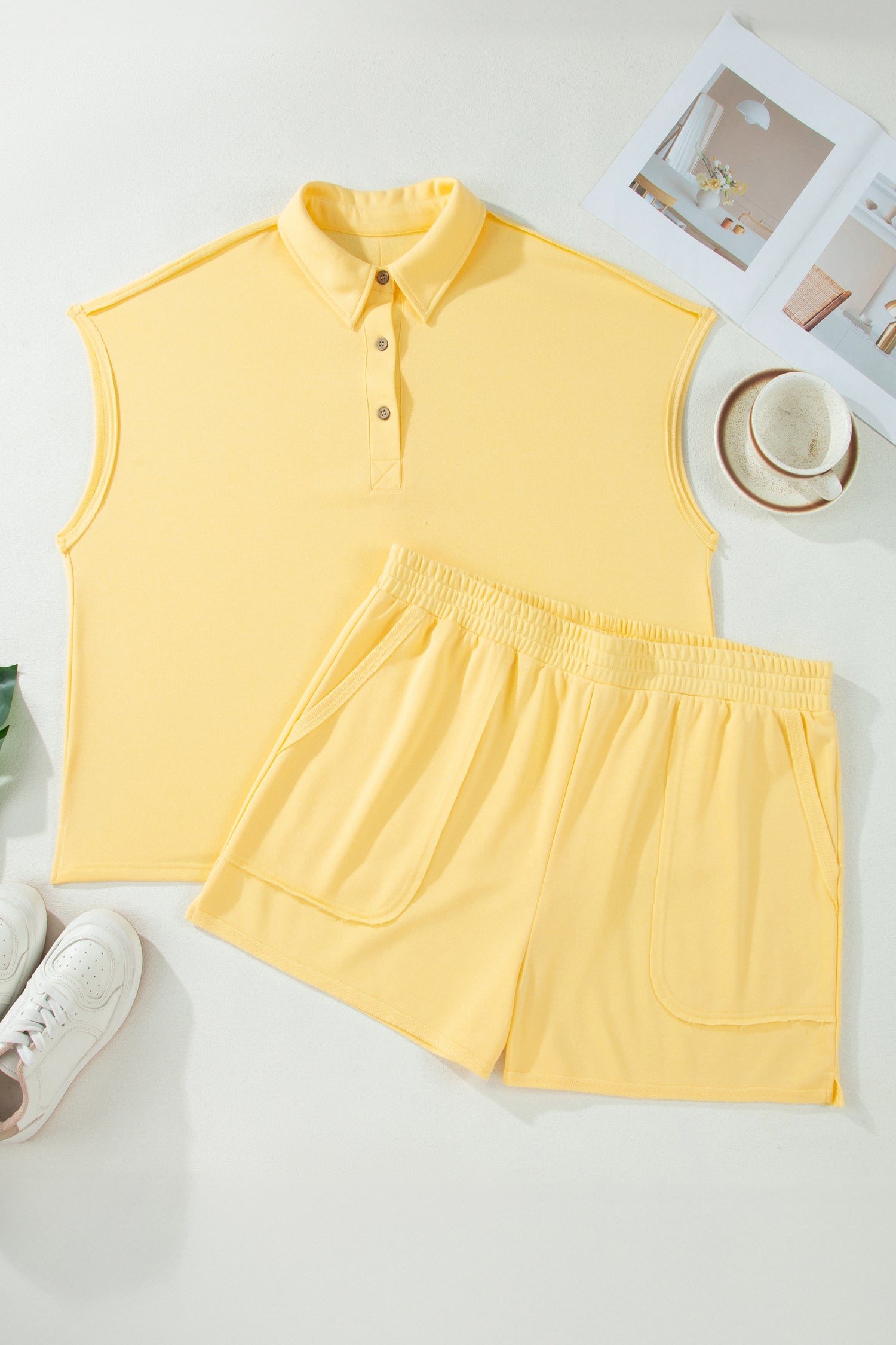 Yellow Cream Solid Color Polo Tee Elastic Waist Shorts Plus Size Outfit