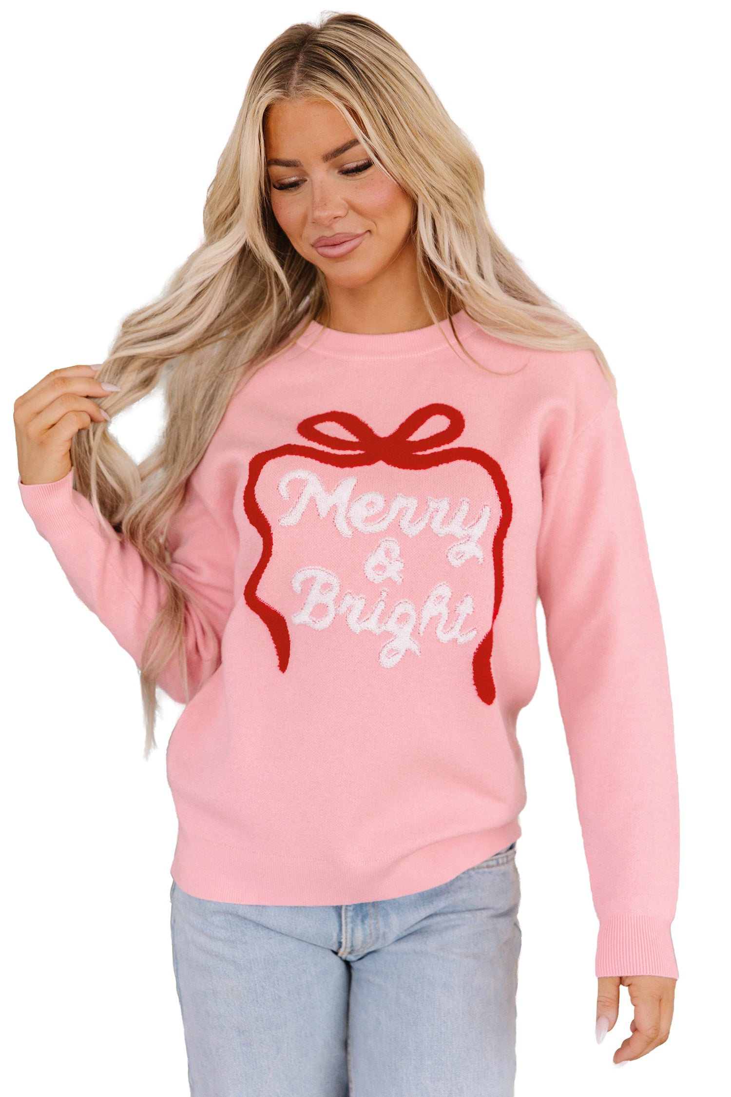 Gossamer Pink Drop Shoulder Round Neck Towel Embroidery Slogan Pullover Sweater