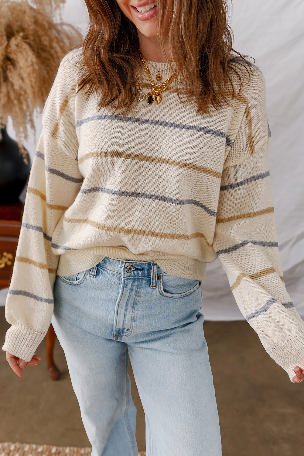 Brown Stripe Striped Ribbed Edge Drop Shoulder Sweater