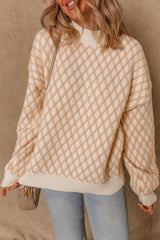 Smoke Gray Rhombus Textured Knit Mock Neck Sweater