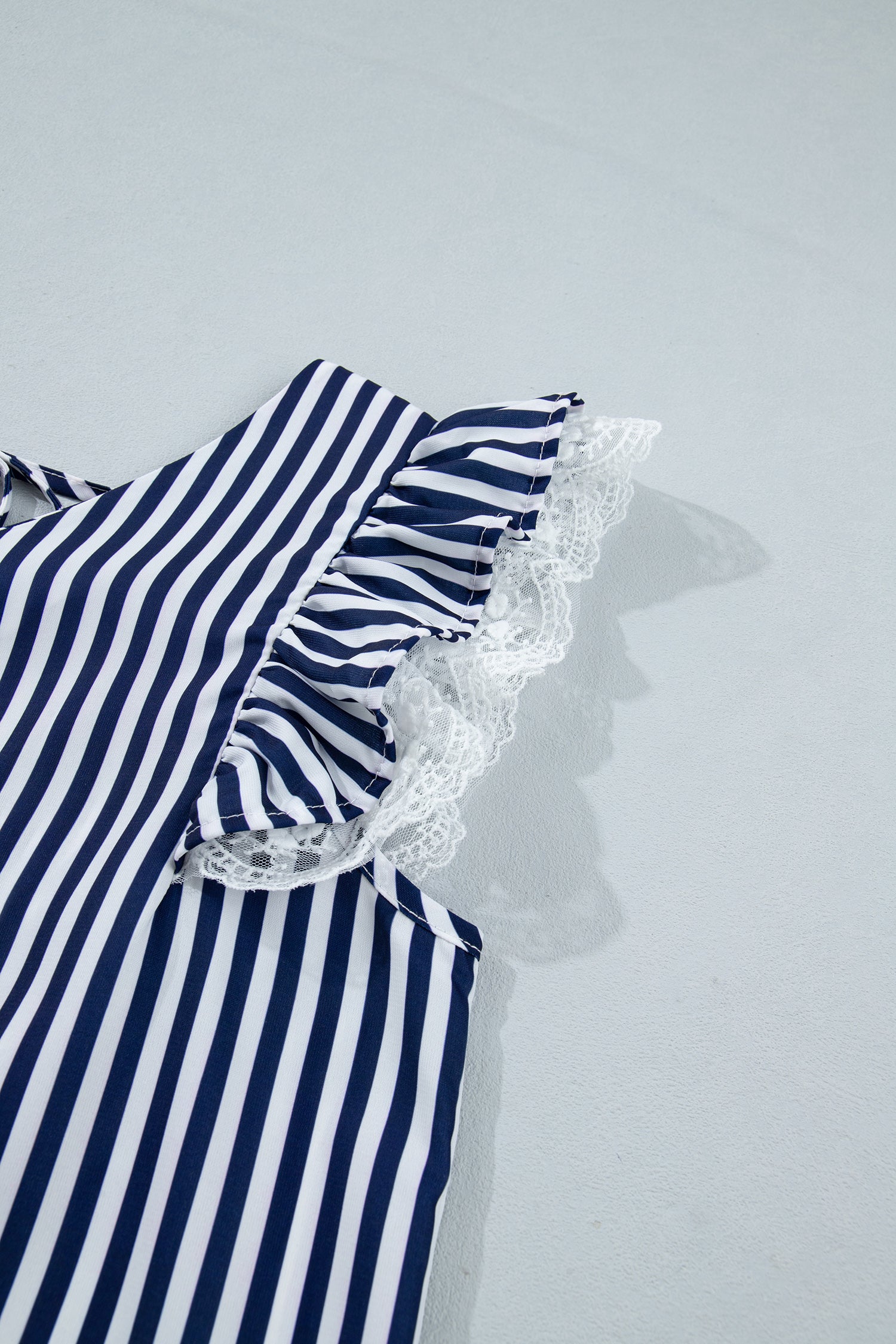 Blue Stripe V Neck Lace Contrast Ruffle Trim Tank Top