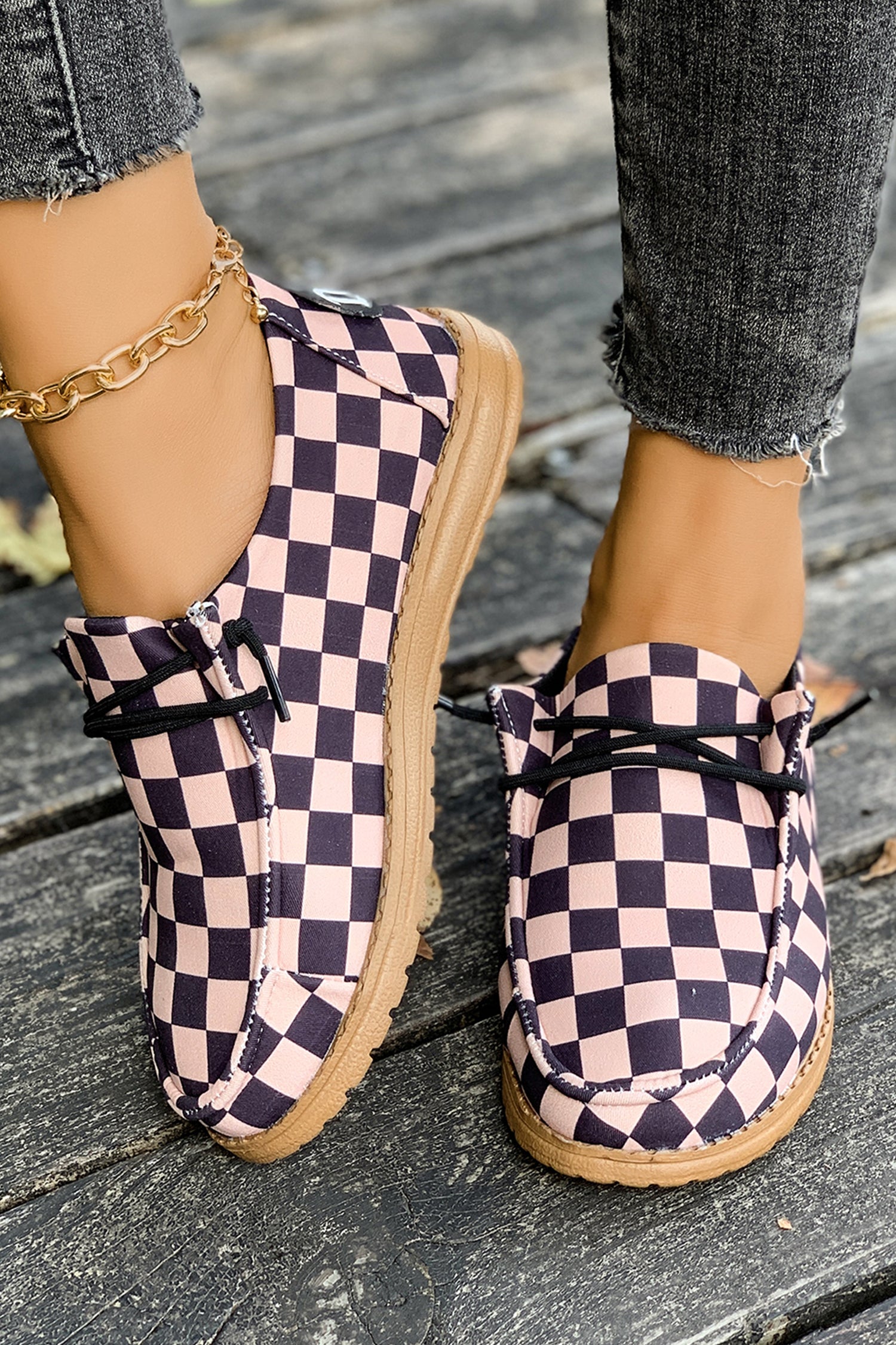 Dark Brown Checkered Print PU Leather Lace Up Detail Flat Shoes