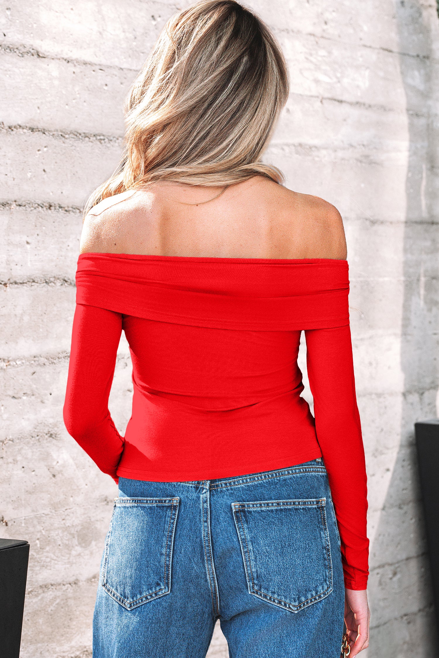 Smoke Gray Foldover Off Shoulder Long Sleeve Slim Top