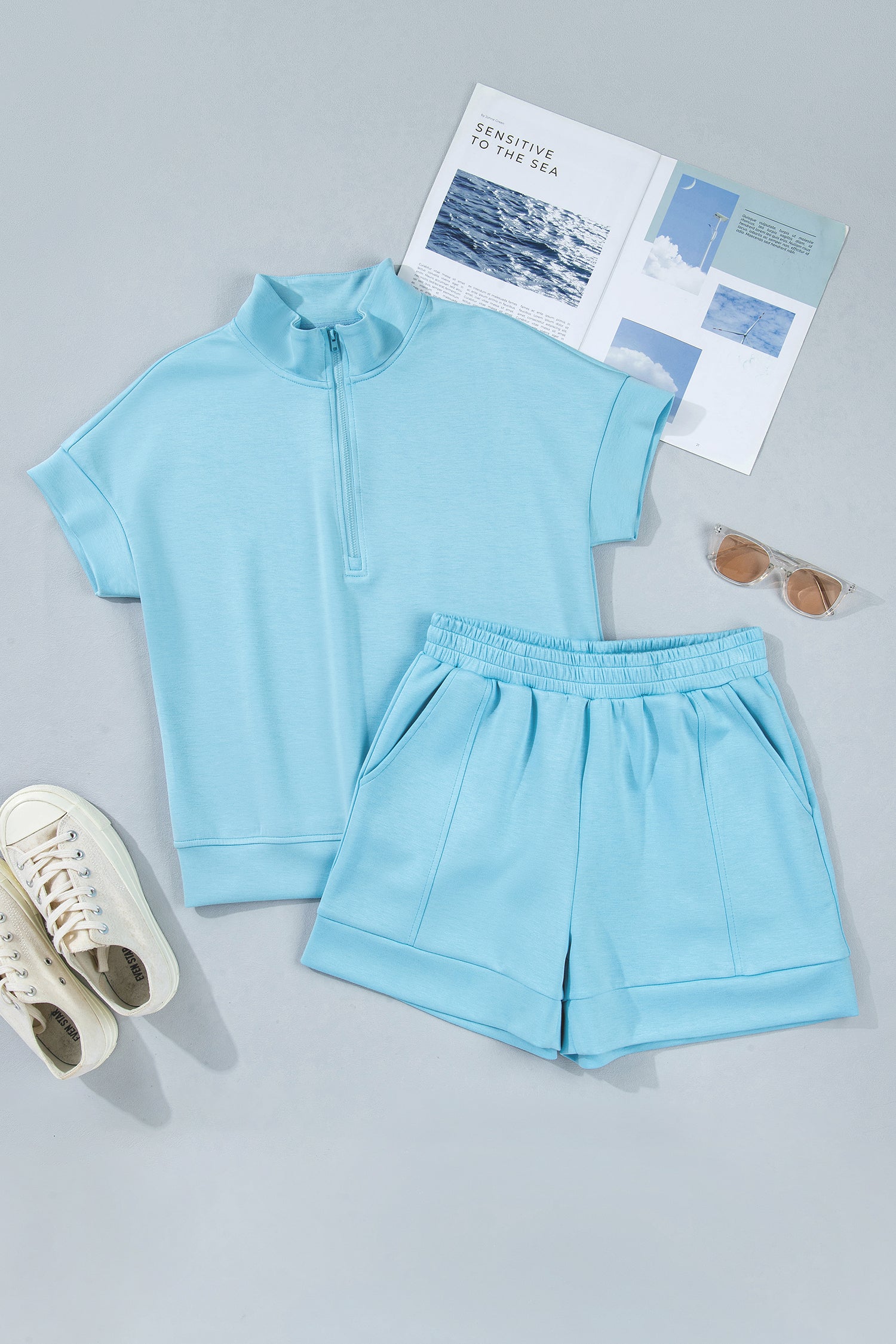 Myosotis Half Zip High Neck Tee Athleisure Short Set