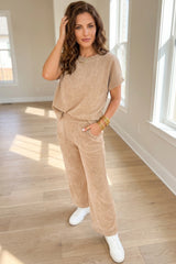 Light French Beige Solid Color Short Sleeve Ribbed Top Casual Pants 2pcs Set
