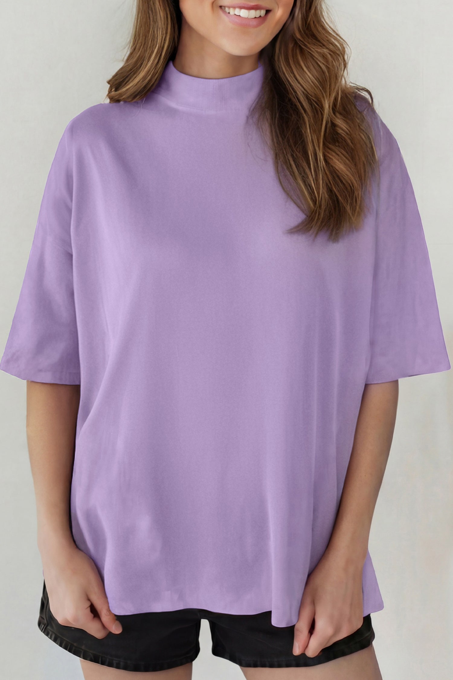 Dark Blue Solid Color High Neck Oversize Tee