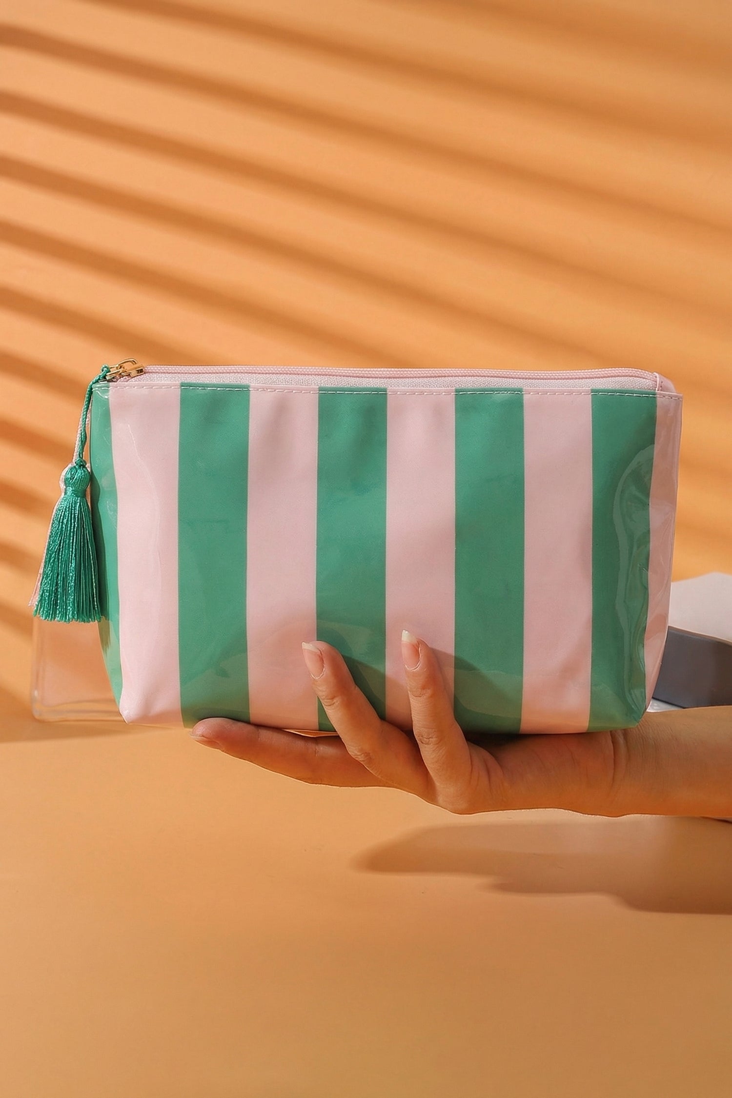Carrot Striped Vinyl Waterproof Tassel Zipper Makeup Bag