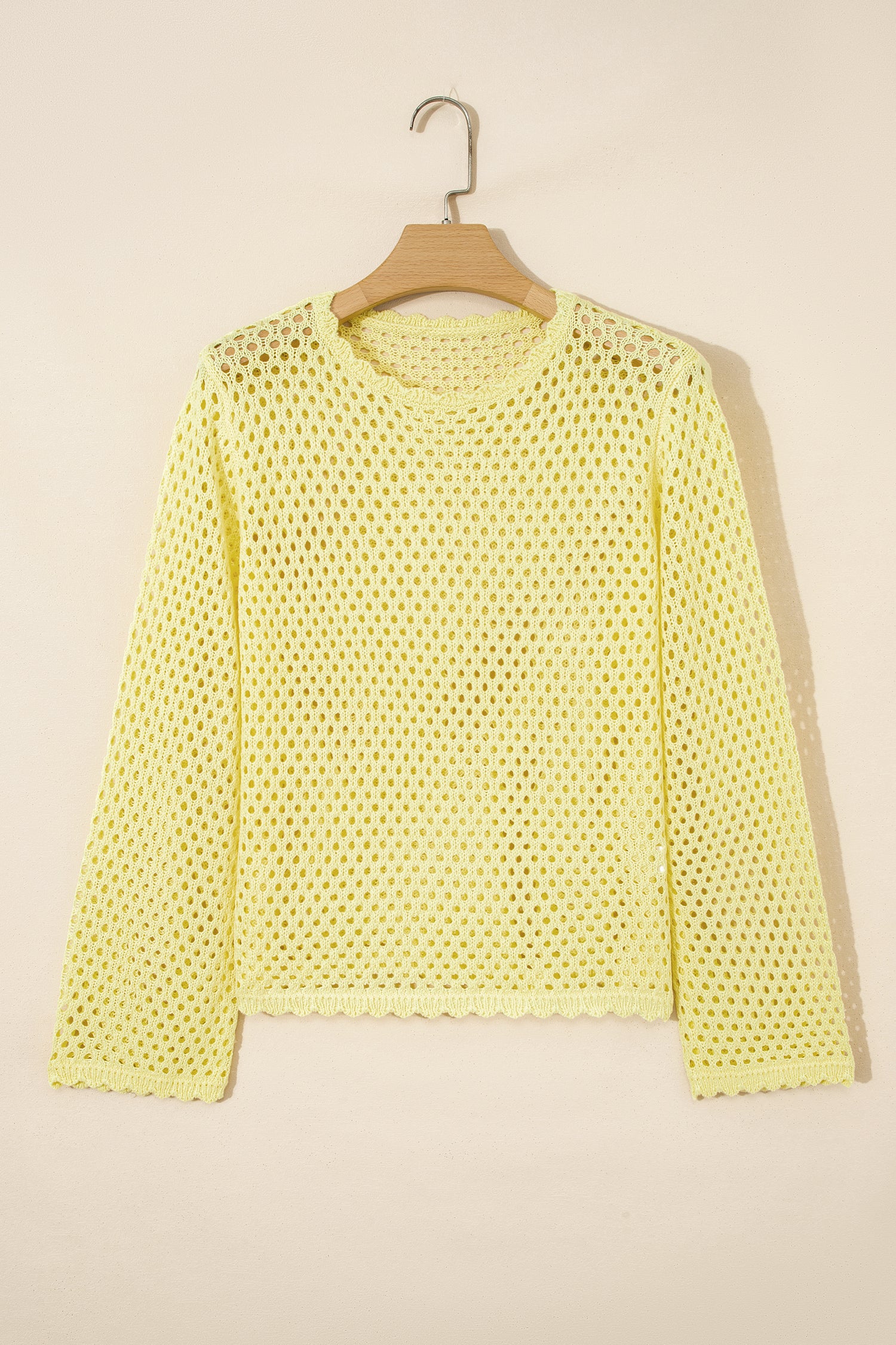White Scalloped Trim Hollow Out Knit Long Sleeve Top