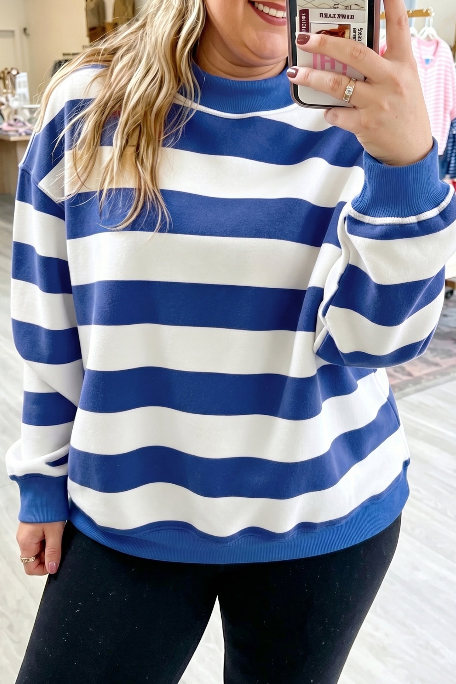 Orange Stripe Ribbed Trim Stand Neck Dropped Shoulder Plus Size Sweatshirt