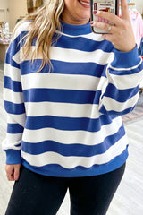Orange Stripe Ribbed Trim Stand Neck Dropped Shoulder Plus Size Sweatshirt