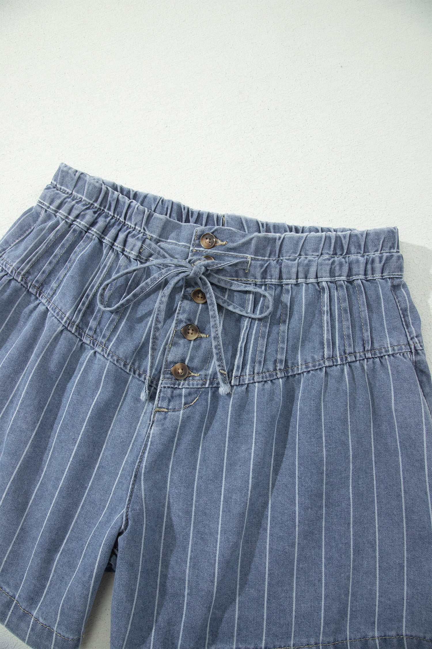Sky Blue Stripe Drawstring Button Pleated High Waist Denim Shorts