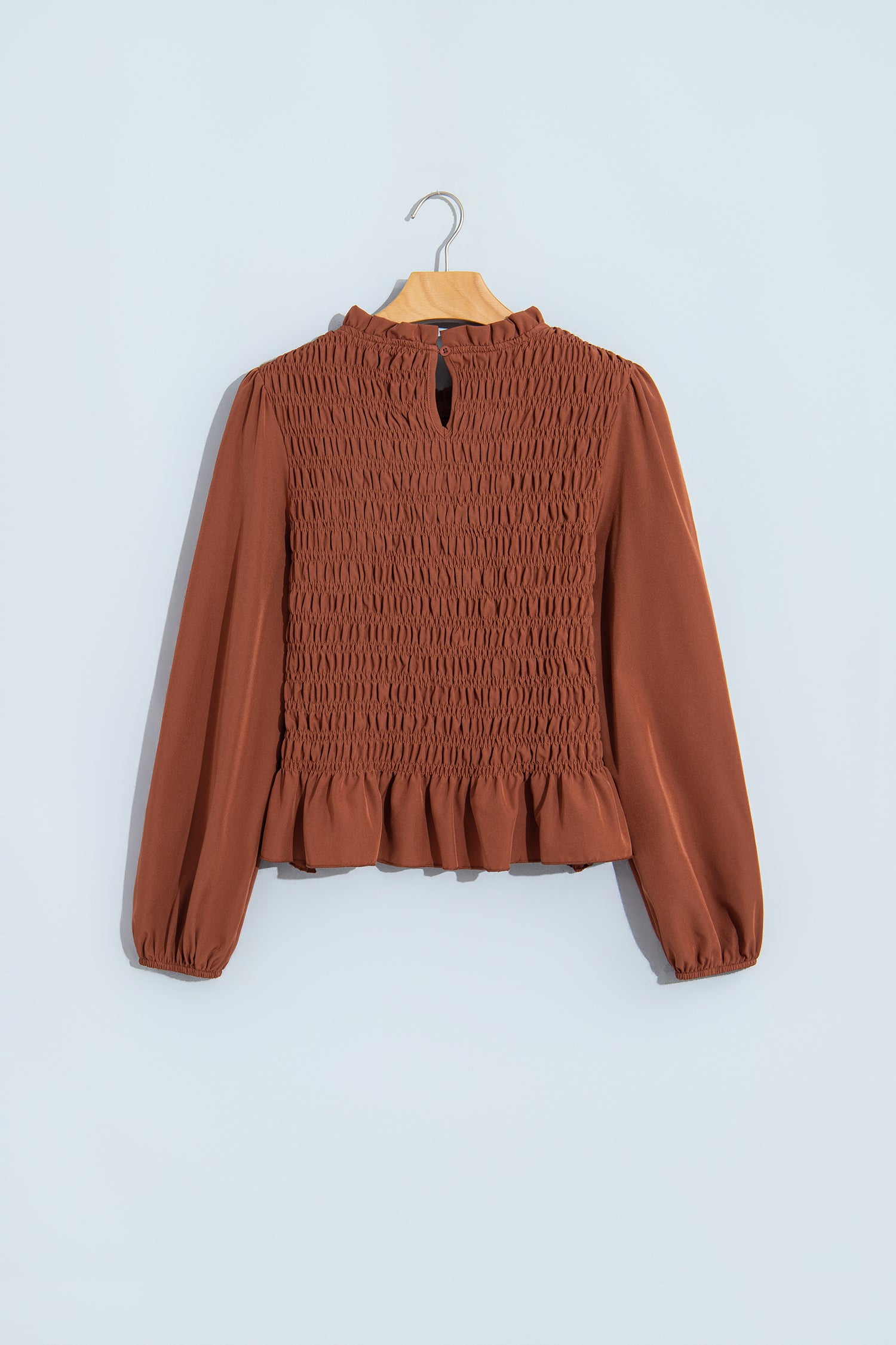 Racing Red Solid Color Smocked Ruffle Hem Long Sleeve Blouse