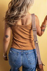 Straw Yellow Ribbed Front Knot Buttoned Thin Strap Cami Top