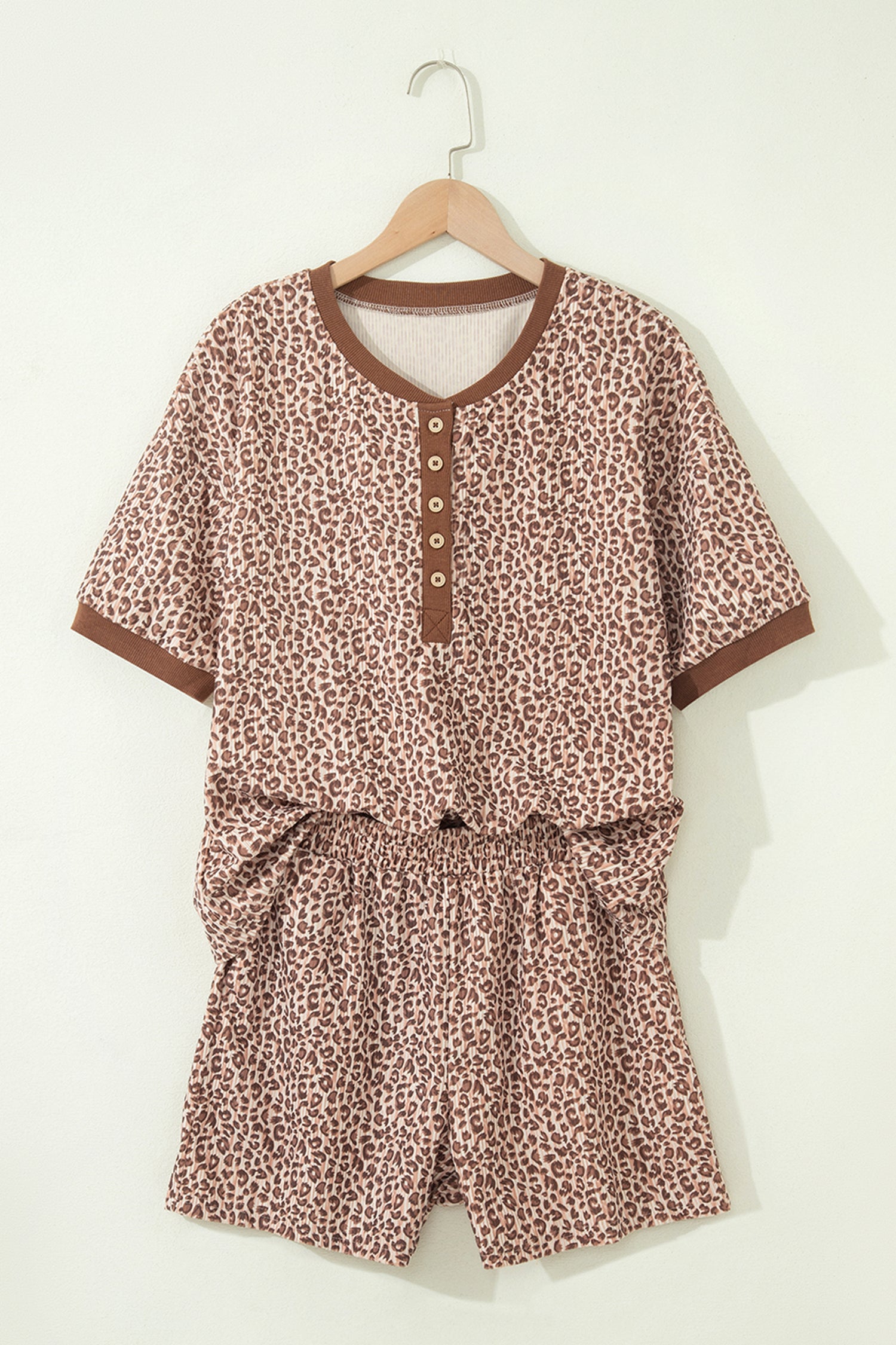 Brown Leopard Print Ribbed Patchwork Half Button Loose Tee Elastic Waist Short 2pcs Set