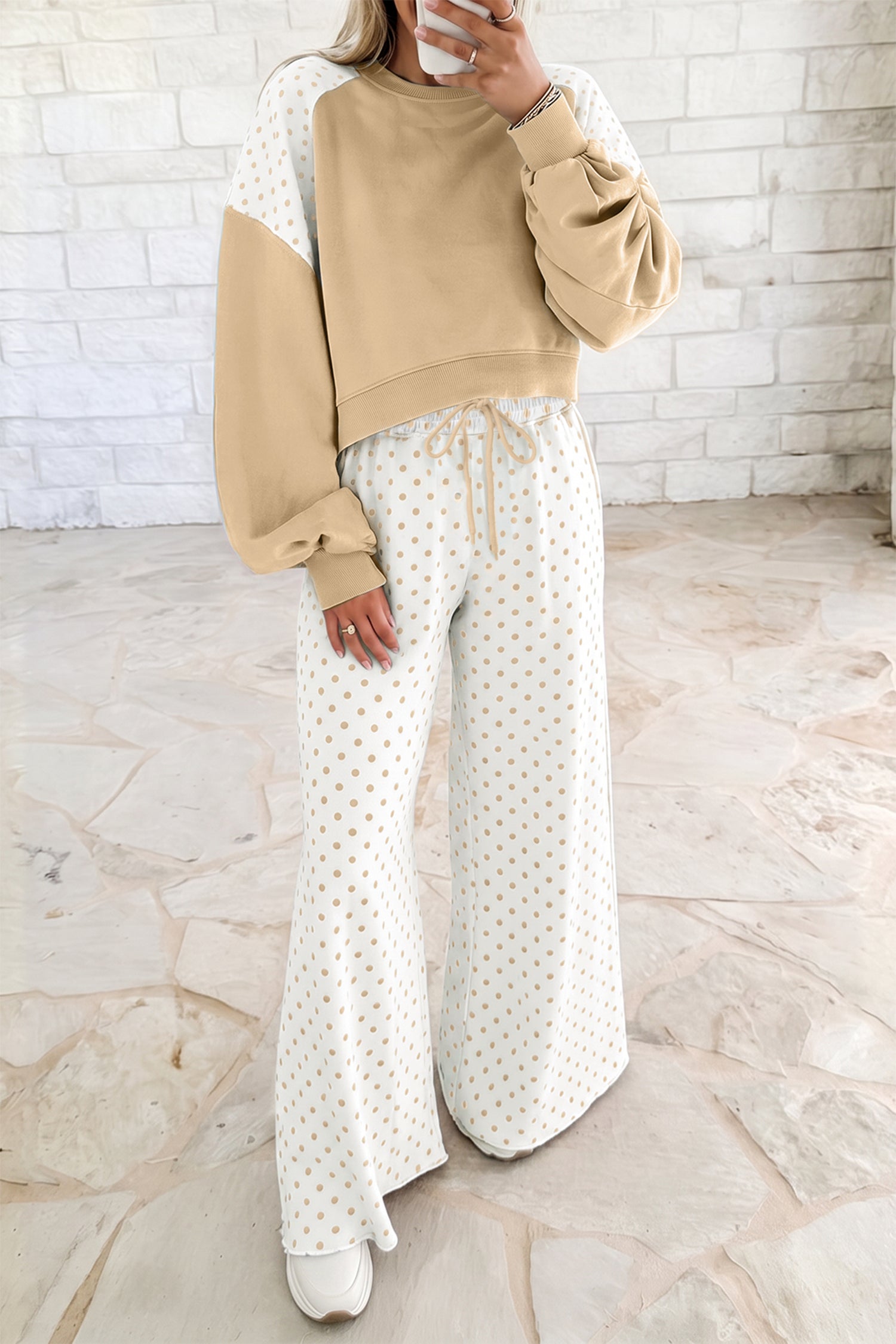Khaki Polka Dot Patchwork Colorblock Long Sleeve Casual Two Piece Pants Set